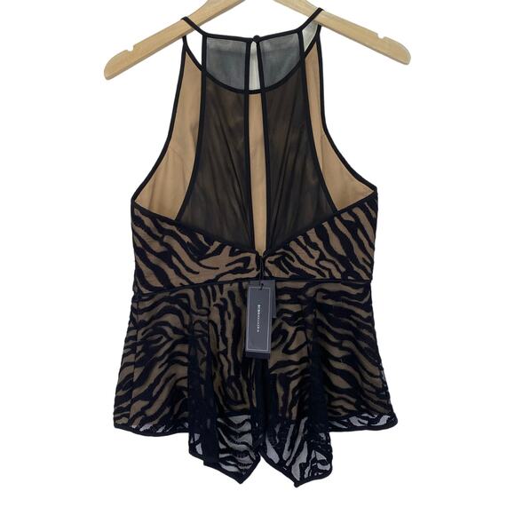 BCBG Black Sheer Mesh Zebra Top Sz 10 Embroidered Peplum Asymmetrical Animal - Picture 9 of 11
